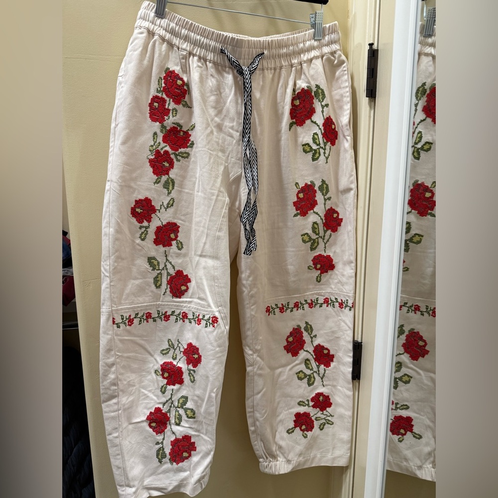 Embroidered Floral Cream Trousers with Drawstring Waist